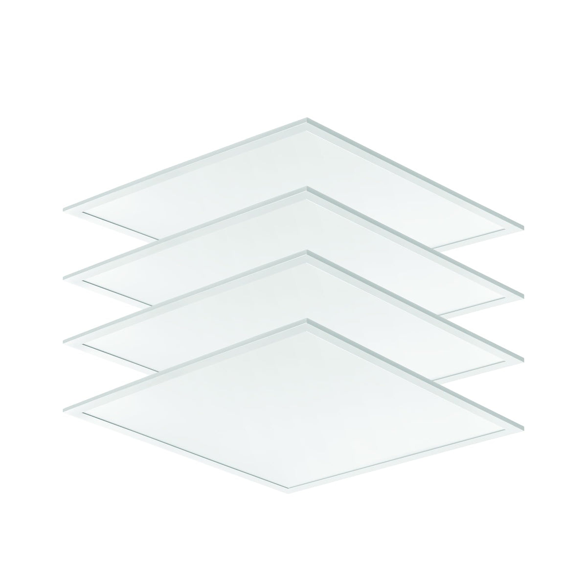 Four 2 by 2 foot LED flat panel lights on a white background
