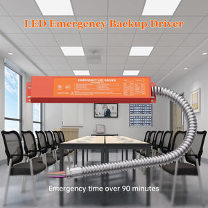 LED emergency backup driver graphic illustrating emergency lighting in a meeting room