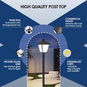 Photocell-ready LED lantern post top light construction with frosted glass and aluminum housing