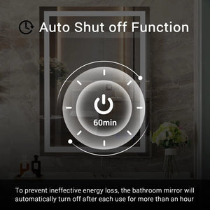 LED bathroom mirror graphic illustrating a 60-minute automatic shutoff timer