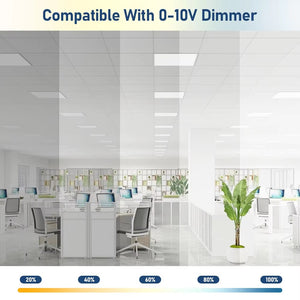 Office LED panel lighting illustrating 0-10V dimming at different brightness levels