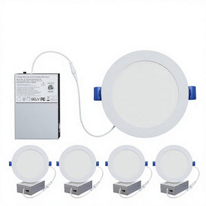 White round canless LED recessed lights with separate driver junction boxes and blue spring clips