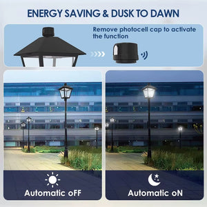 LED lantern post top light with included photocell for automatic dusk-to-dawn lighting
