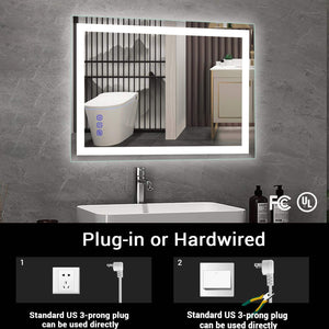Plug-in and hardwired power connection options for a front-lit LED bathroom mirror