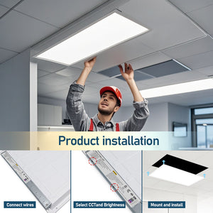 LED panel installation in a suspended ceiling with wiring, wattage and color temperature selection steps
