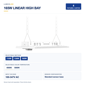 4-Pack Linear LED High Bay Light, 110-165W Selectable, 2CCT, 100-347V, Standard Sensor Base — large original product view with confirmed configuration
