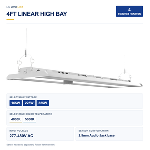 4-Pack 4ft Linear LED High Bay Light, 165-325W Selectable, 2CCT, 277-480V, 2.5mm Audio Jack Sensor Base — large original product view with confirmed configuration