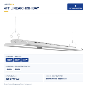 4-Pack 4ft Linear LED High Bay Light, 165-325W Selectable, 2CCT, 120-277V, 2.5mm Audio Jack Sensor Base — large original product view with confirmed configuration