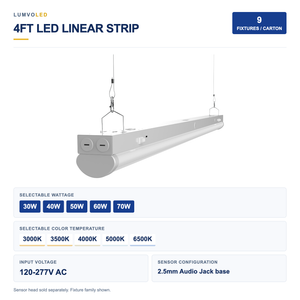 9-Pack 4ft LED Linear Strip Light, 30-70W Selectable, 5CCT, 120-277V, 2.5mm Audio Jack Sensor Base — large original product view with confirmed configuration