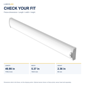 4FT LED WRAPAROUND — dimensions; optional sensor shown, sold separately