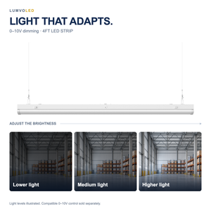 4FT LED STRIP — 0–10V dimming with illustrative warehouse brightness comparison