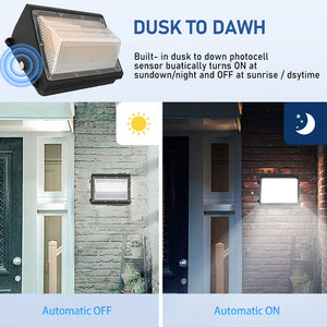 Dusk-to-dawn LED wall pack shown on exterior walls during day and night