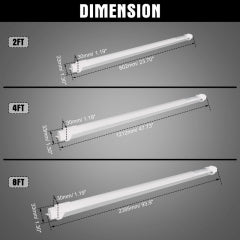 LED T8 tube dimension diagram comparing 2, 4 and 8 foot lengths