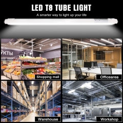 LED T8 tubes shown in retail, office, warehouse and workshop settings