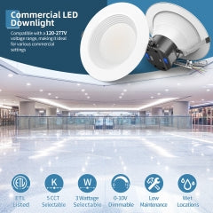 Commercial LED downlight shown above a bright interior space