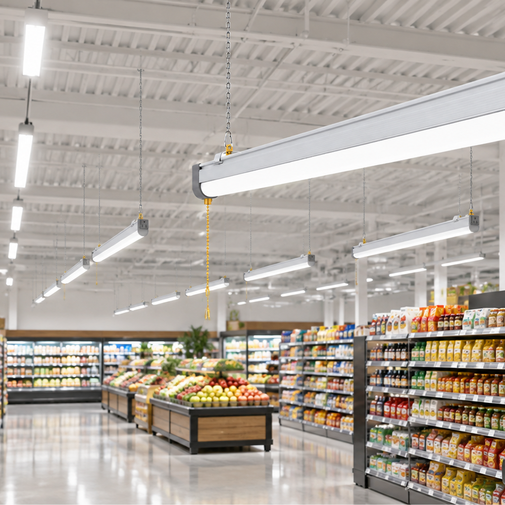 Slim 4FT LED shop lights suspended above a supermarket aisle