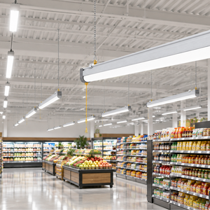 Slim 4FT LED shop lights suspended above a supermarket aisle