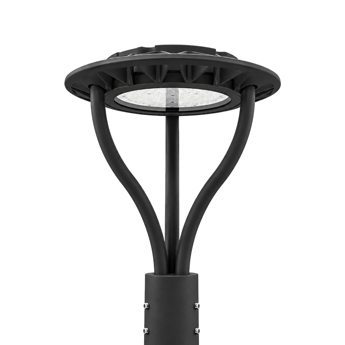 Black 150/120/100/80/70W selectable LED post top light with circular downlight head