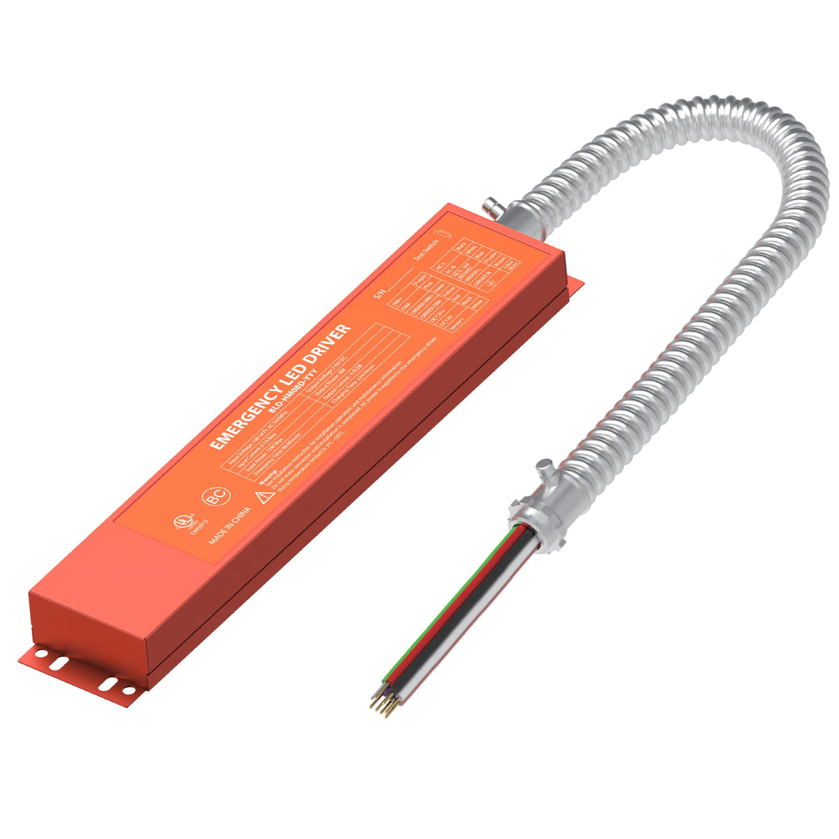 Orange LED emergency backup driver with flexible metal conduit and connection wires