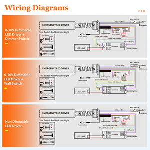 LED emergency driver wiring diagrams for dimmable and non-dimmable lighting circuits
