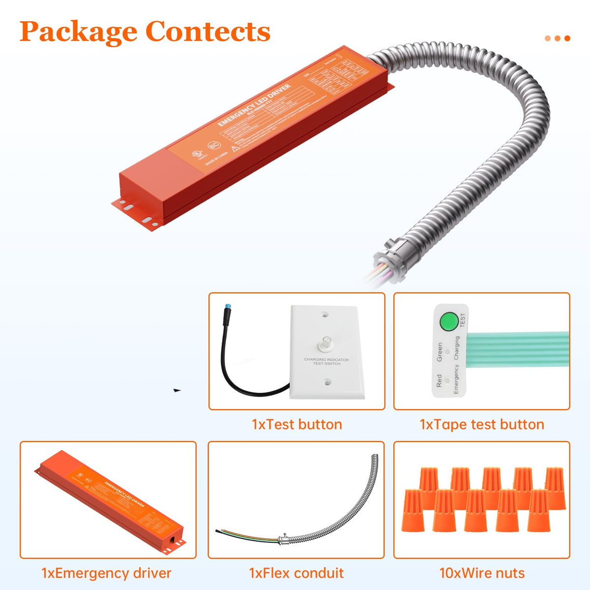 Emergency driver package contents showing the driver, test controls, flexible conduit and wire connectors