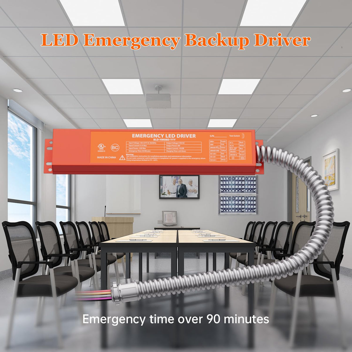 LED emergency backup driver graphic illustrating emergency lighting in a meeting room