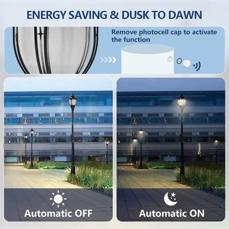 LED acorn post top light with included photocell for dusk-to-dawn operation