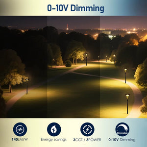 LED post top lights illuminating outdoor walkways with 0-10V dimming