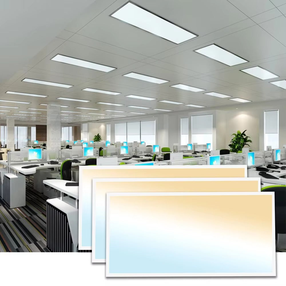 Rectangular LED panel lights with a color temperature illustration in an office lighting scene