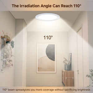 LED recessed ceiling light illustrating a 110-degree beam spread in a hallway