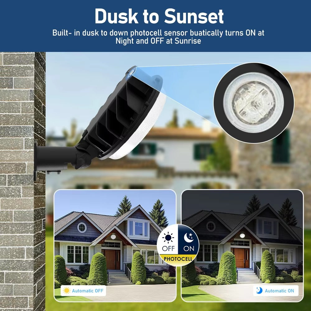 LED barn light photocell showing automatic daytime shutoff and nighttime illumination