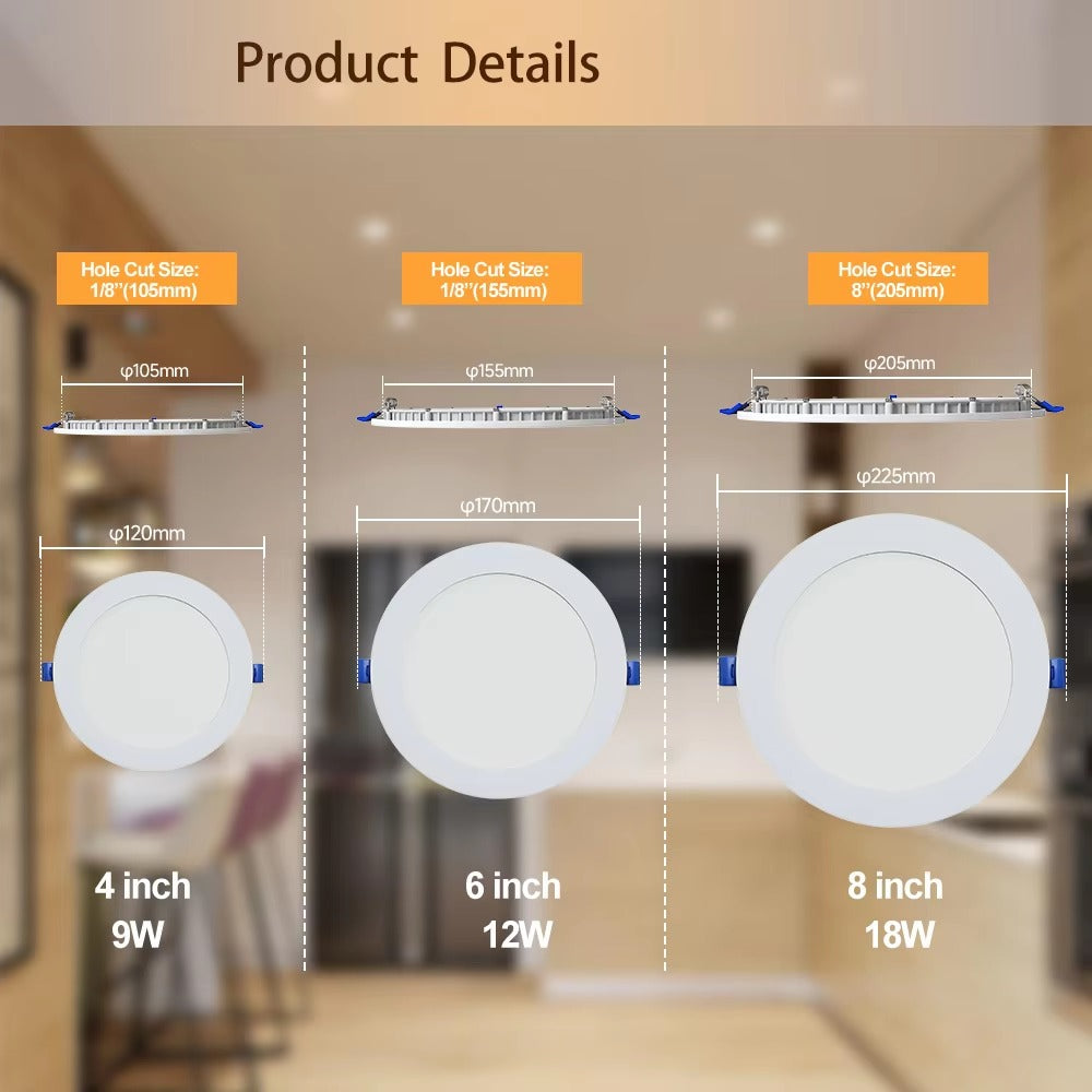 Size and dimension comparison of 4 inch 9W, 6 inch 12W and 8 inch 18W slim LED recessed lights