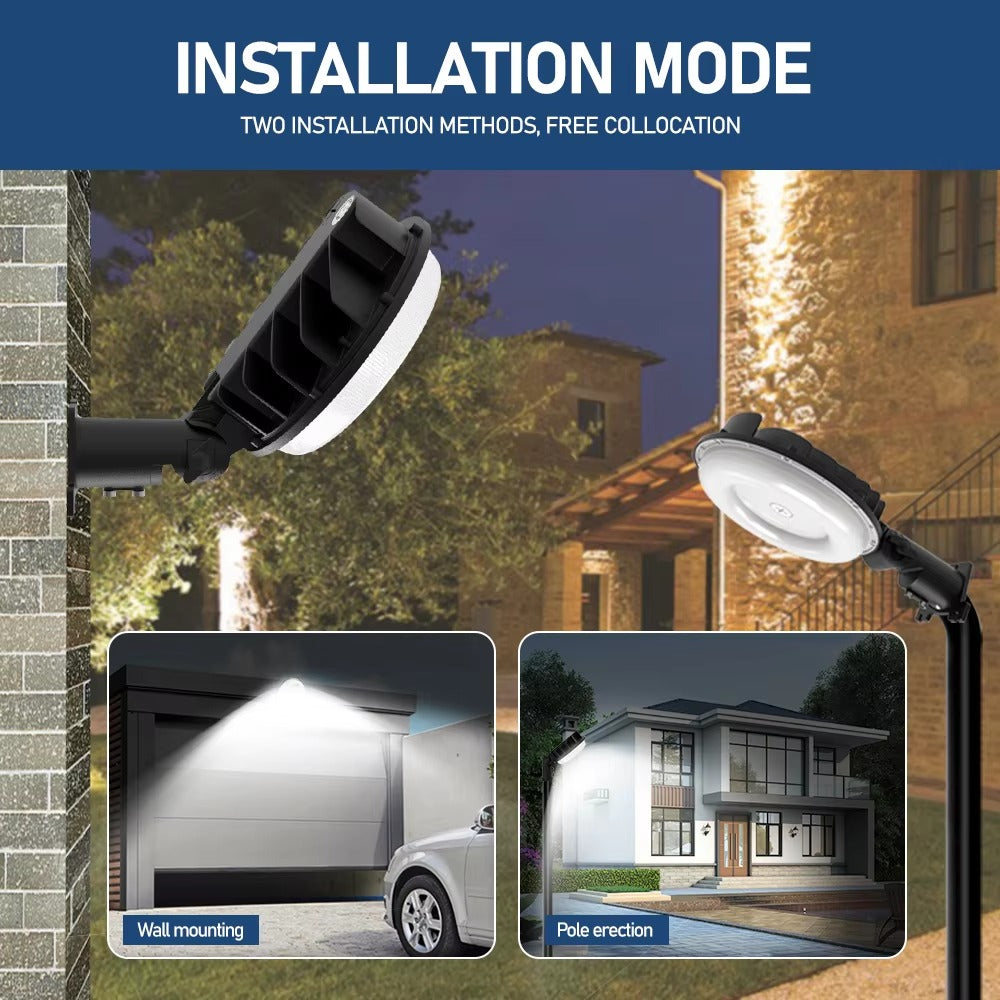 LED barn light installation examples showing direct wall mounting and pole mounting