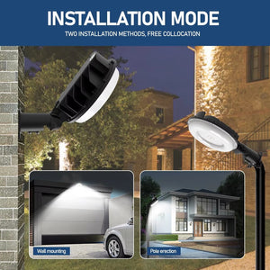 LED barn light installation examples showing direct wall mounting and pole mounting