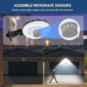 Illustration of a microwave motion sensor fitted to an LED barn light, with motion-activated garage lighting