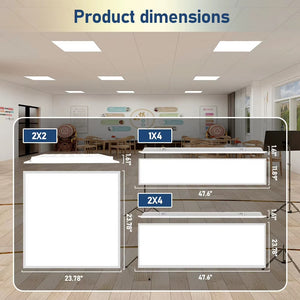 Front dimension diagrams comparing 2x2, 1x4 and 2x4 LED panel lights