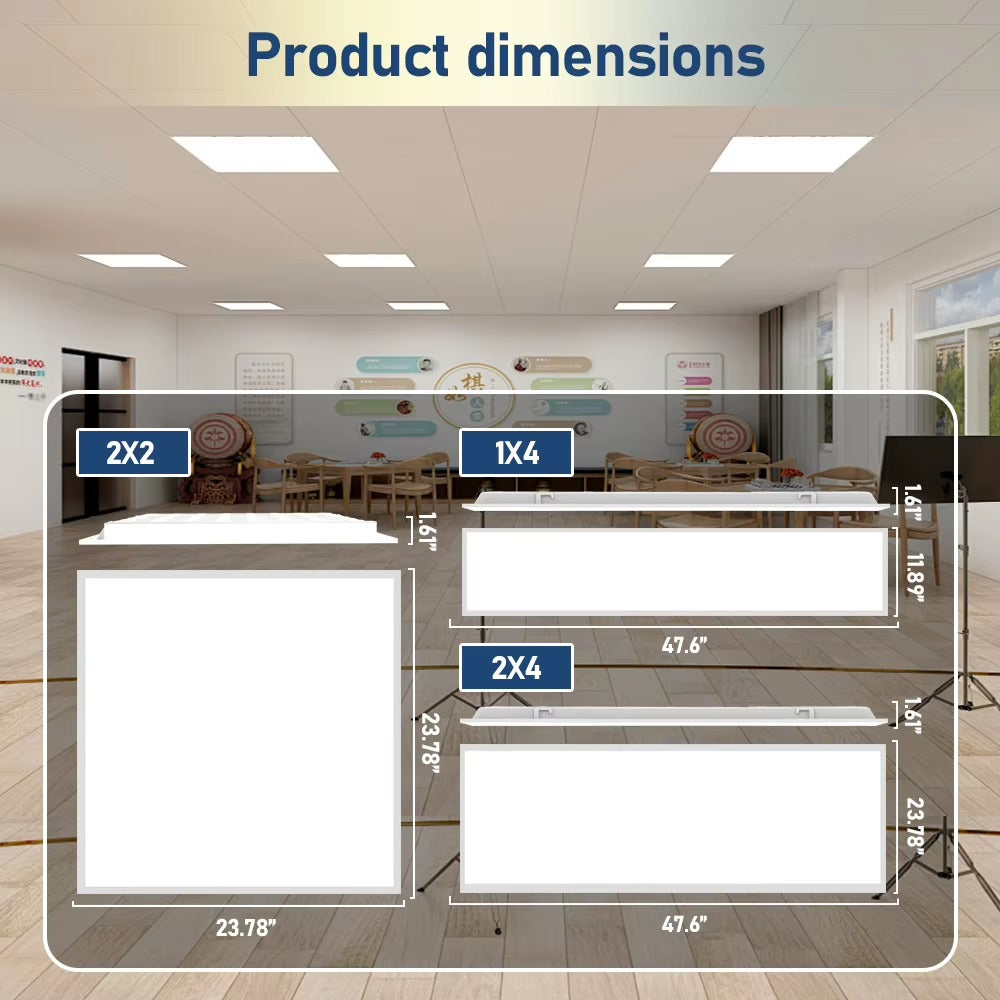 Front dimension diagrams comparing 2x2, 1x4 and 2x4 LED panel lights