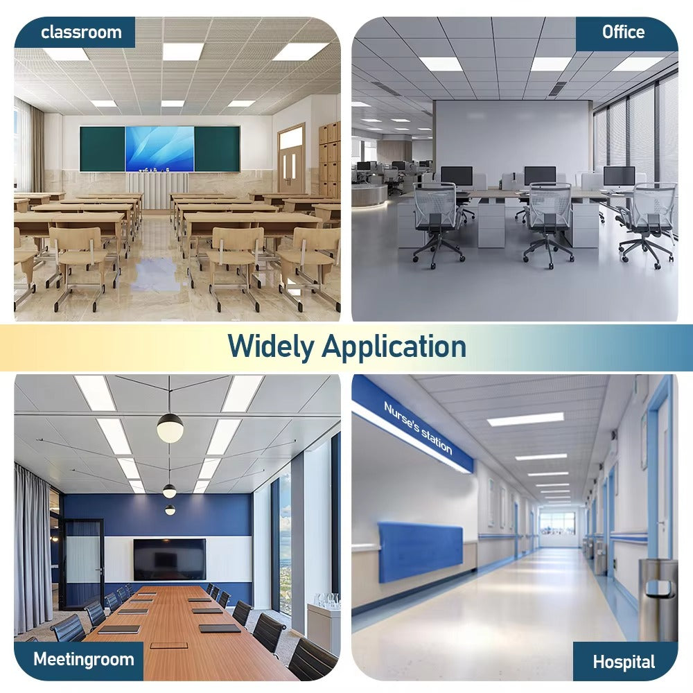 LED panel ceiling lighting in a classroom, office, meeting room and hospital hallway