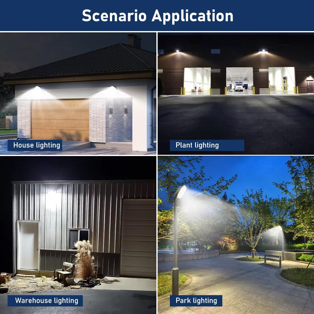 LED barn light application examples for garages, industrial buildings, warehouses and park pathways
