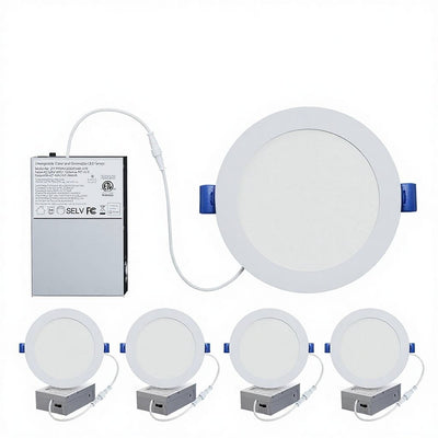 White round canless LED recessed lights with separate driver junction boxes and blue spring clips