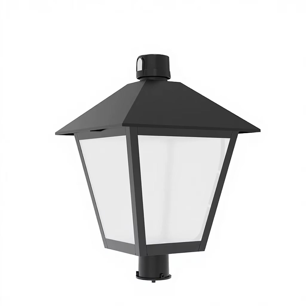 Black 120/100/80/60/40W selectable LED lantern post top light on white background