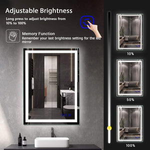 LED bathroom mirror with touch-controlled dimming from 10% to 100% and brightness memory
