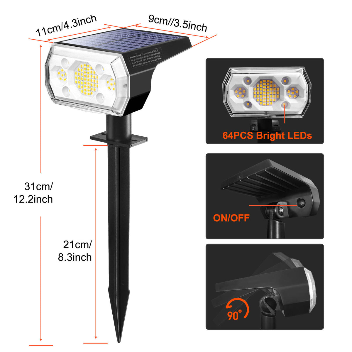 Solar LED Landscape Spotlight, 6000K, IP65, 3 Lighting Modes