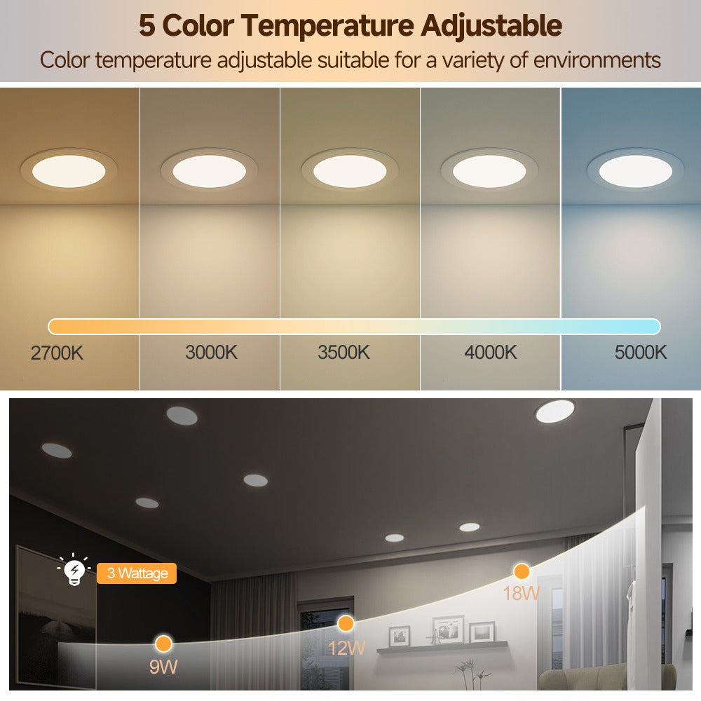 Five selectable light colors from 2700K to 5000K, with 9W, 12W and 18W models in the recessed light series
