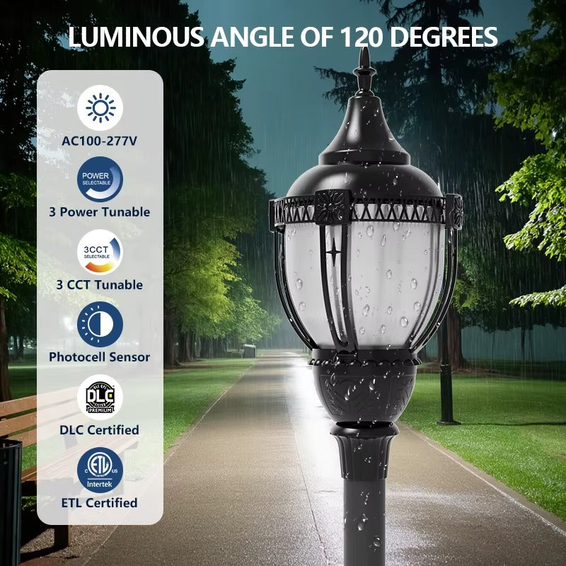 High-output LED acorn post top light illustrating a 120 degree luminous angle