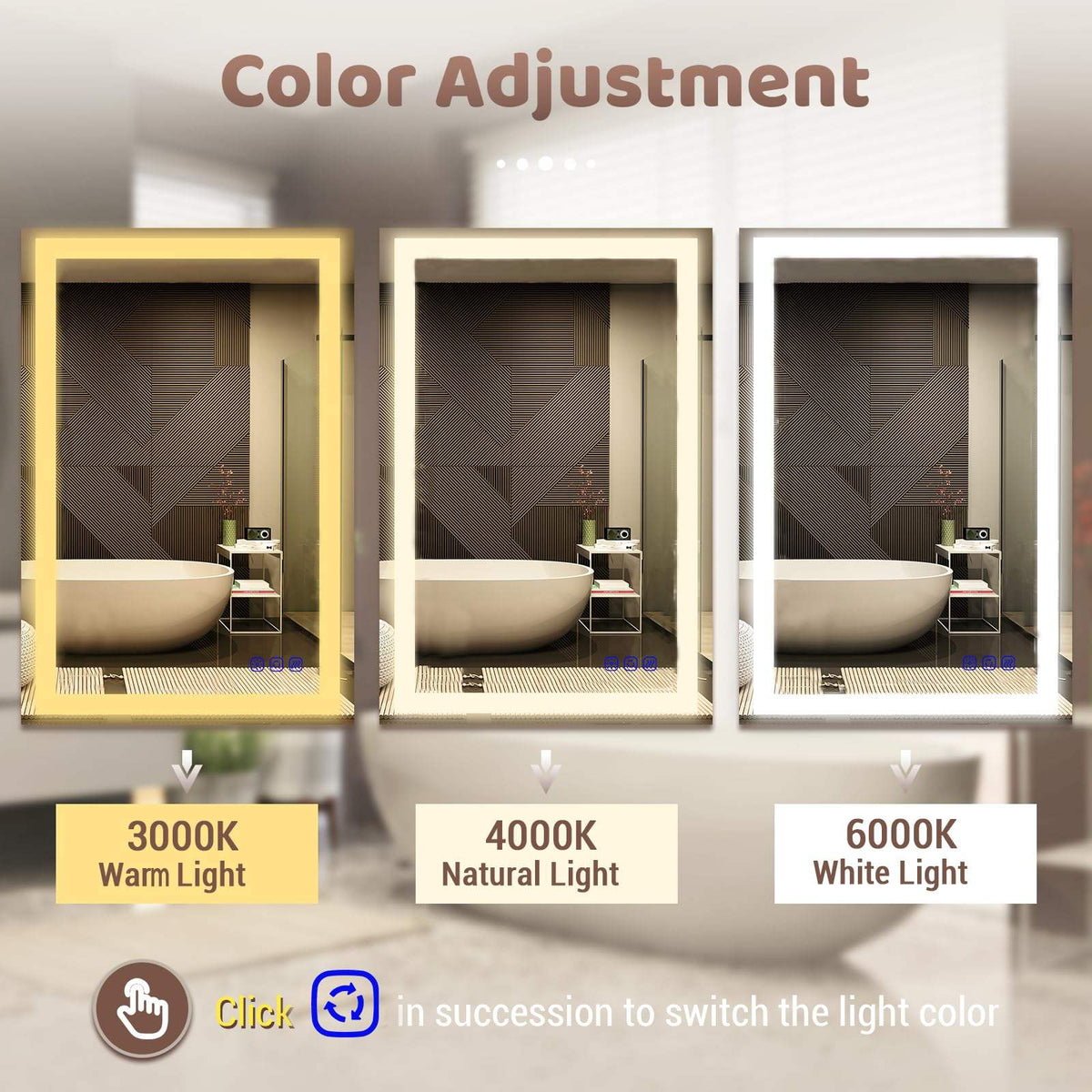 LED bathroom mirror color comparison showing 3000K warm white, 4000K neutral white and 6000K cool white