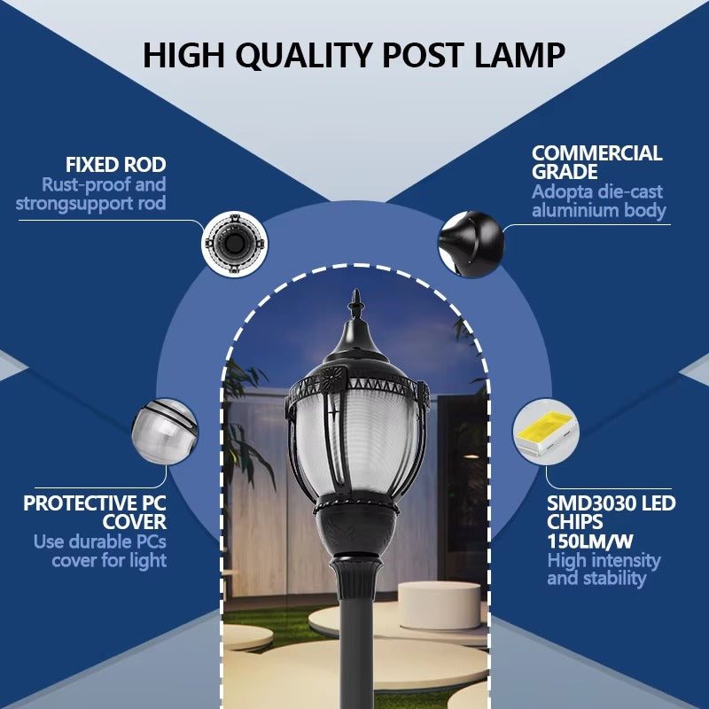 LED acorn post top light structure showing aluminum housing polycarbonate cover and support rod