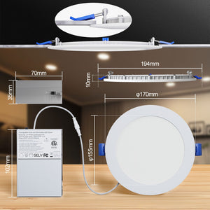 6 inch slim LED recessed light dimensions showing the thin housing, spring clips and separate junction box