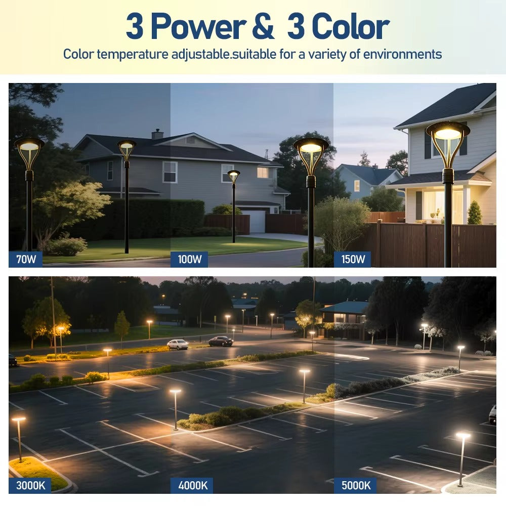 150W selectable LED post top lighting shown in 3000K 4000K and 5000K