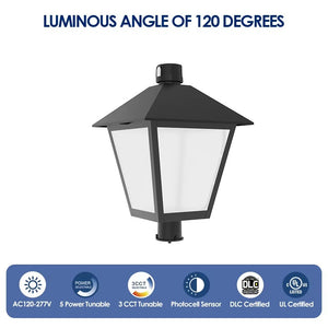 High-output LED lantern post top light illustrating a 120 degree luminous angle